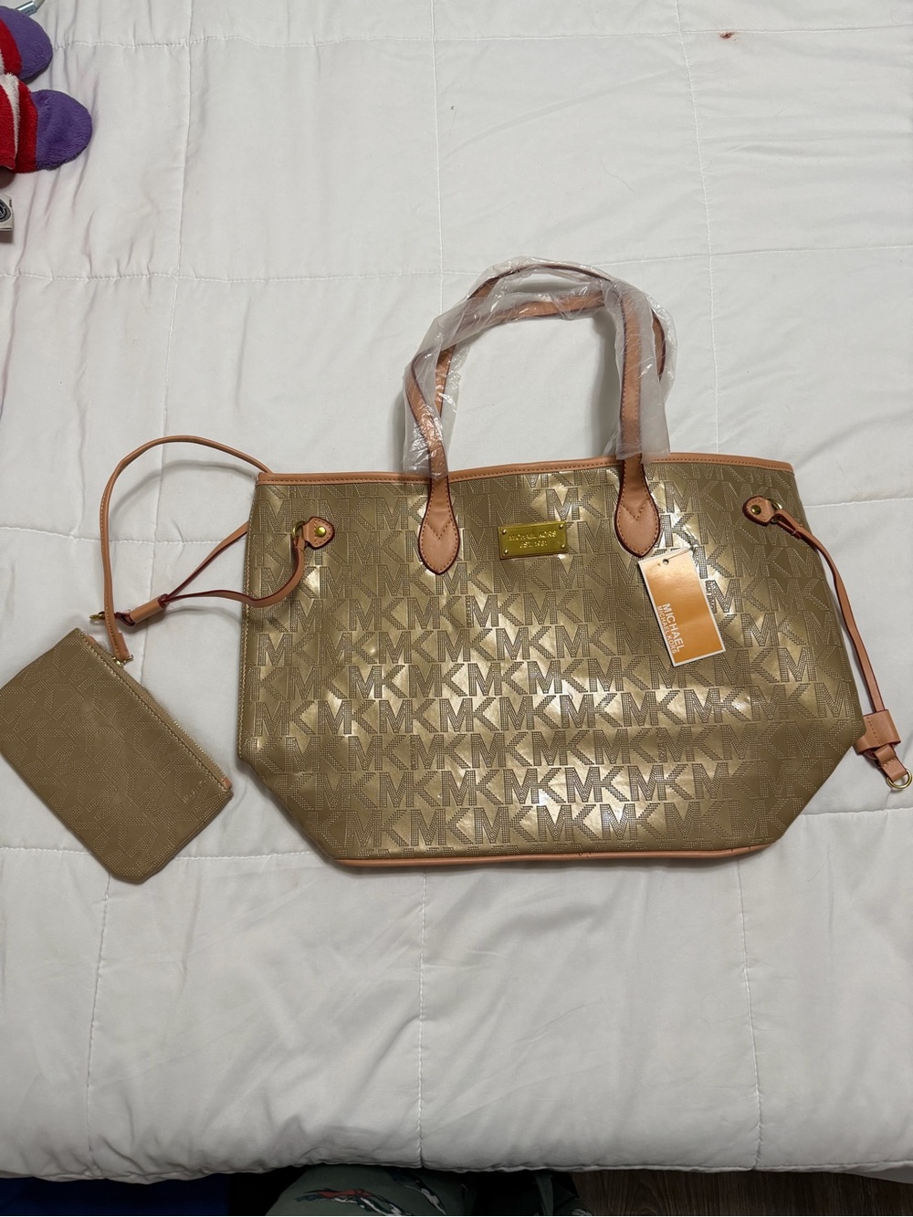 Michael Kors Metallic Gold MK Logo Tote with Matching Wristlet